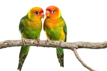 Fototapeta premium Two colorful lovebirds perched on a branch.