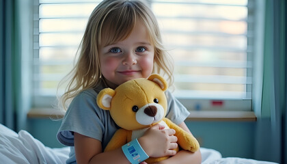 Illustration of a smiling child in a hospital bed hugging a teddy bear for comfort