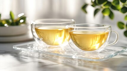 Two Glass Cups of Tea on Glass Tray