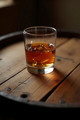 High-Angle Shot of Amber Whiskey Glass on a Weathered Wooden Barrel &ndash; Warm Lighting and Rustic Charm in a 16:9 Composition