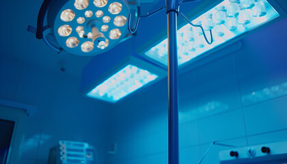 equipment and medical devices in modern operating room take with art lighting and blue filter