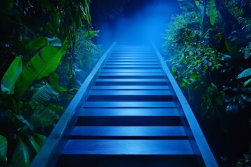 Jungle Staircase Ascent Through Fog - Mysterious jungle path, stairs ascending into foggy depths, symbolizes journey, exploration, mystery, and the unknown.  Tranquil blue tones.