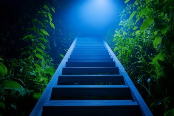 Nighttime Stairway to Mystery - A dark blue stairway ascends into an ethereal light, symbolizing ambition, journey, hope, discovery, and the unknown.