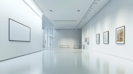 Fototapeta premium Modern minimalist art gallery with minimal exhibits. Featuring a clean, open design with sleek lines