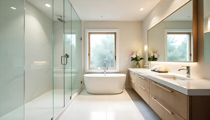 A sleek, modern, spacious bathroom with a large glass shower enclosure, white vanity with a marble countertop, and recessed lighting, Contemporary bathroom, created with generative ai