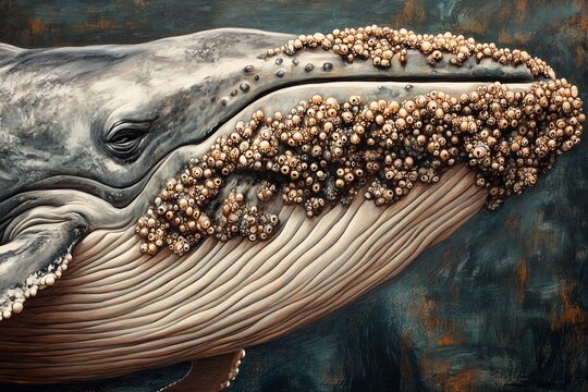 Close-up of whale skin with barnacles in ocean scene.