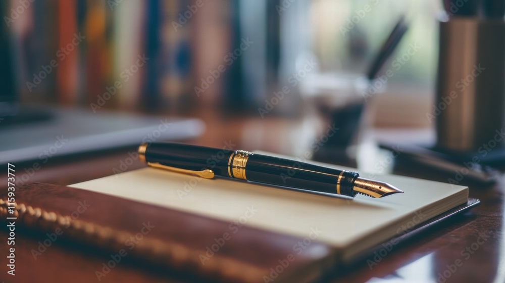 Aufkleber Luxury fountain pen with gold accents resting on a notepad in a cozy workspace during daylight hours. Generative AI