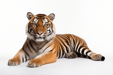 Naklejka premium A majestic tiger poses elegantly on a white background, showcasing its stunning stripes and fierce gaze.