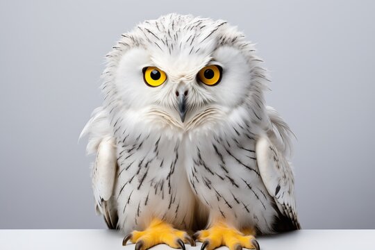 A majestic white owl with striking yellow eyes perched gracefully against a neutral background.