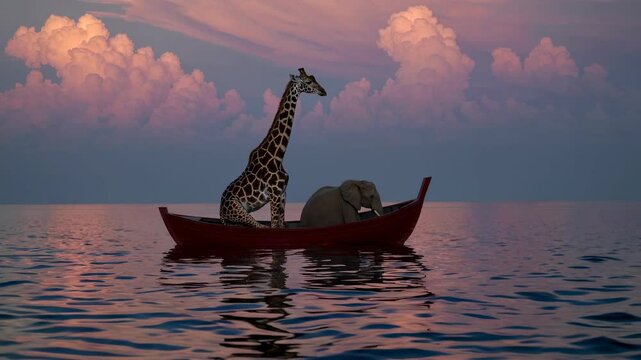 Elephant and giraffe on a boat traveling in the ocean at sunset