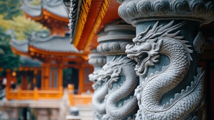 Obraz premium Stone Dragon Statues Adorn Temple Columns in China