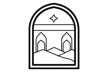 Desert view from mosque window ramadan festival related vector line art