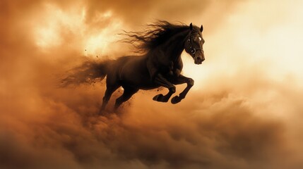 Majestic horse galloping dusty clouds