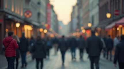 Fundo desfocado de uma rua com grande moviemtno de pedestres ao cair da tarde.