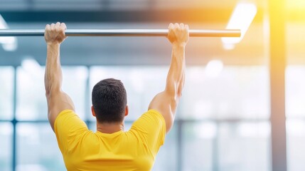 Fototapeta premium Fitness Enthusiast Performing Pull-Up Exercise in Modern Gym Environment with Natural Light and Motivational Atmosphere for Health and Wellness Promotion