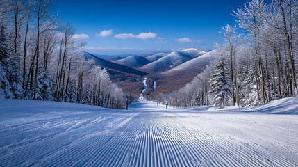 The pristine ski slope features freshly groomed trails winding down a mountain, surrounded by frosty trees and expansive views of distant peaks under clear blue skies