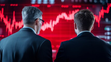 Market Downturn Analysis - Two businessmen review a declining stock market graph, symbolizing risk, loss, uncertainty, strategy, and collaboration.