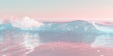 Fototapeta premium Soft waves roll onto a tranquil shoreline under a pastel sky during early morning, reflecting colors that evoke a sense of calm and relaxation. Generative AI