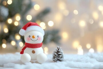 Festive snowman with Santa hat and red scarf in soft holiday lights background
