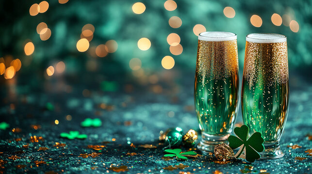 A green and gold St. Patrick's Day party setting with confetti and a few sparkling decorations