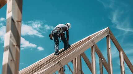 Construction worker on a roof truss, securing wooden beams under a bright sky.