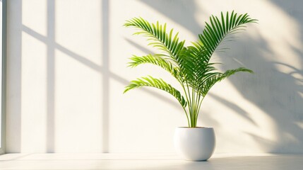 Obraz premium Minimalist White Potted Palm Plant - Serene indoor plant, symbolizing growth, tranquility, nature, purity, and life. Bright sunlight enhances the scene.