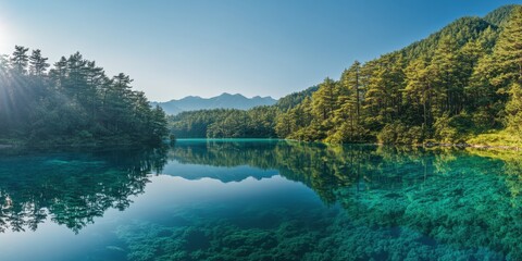 The tranquil lake showcases vibrant blue water surrounded by towering trees and distant mountains, capturing the essence of a peaceful natural landscape. Generative AI
