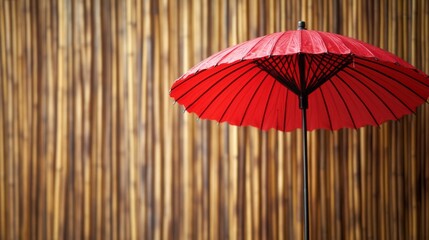 Red Umbrella Against Bamboo Wall Background