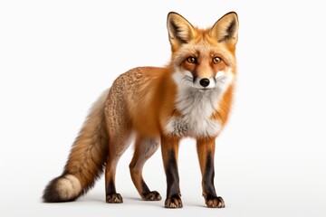 Fototapeta premium A realistic depiction of a fox standing confidently on a white background, showcasing its vibrant fur and keen expression.