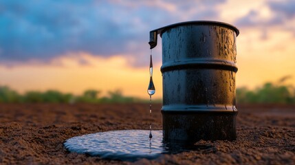 Obraz premium Oil Barrel Sunset Spill - Environmental impact, resource depletion, sunset, dark barrel, oil leak. Symbolizing loss, scarcity, pollution, nature, and industry.