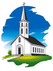 Naklejka premium Peaceful Country Church - Tranquil church, steeple, blue sky, green grass, faith, serenity. Symbolizes peace, hope, community, spirituality, and devotion.