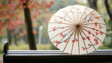Delicate Paper Parasol With Blossom Design Rests On Bench