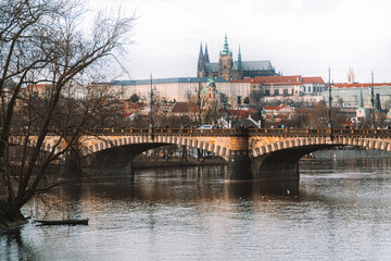River at the colourfol and majestetic City of Prague on a moody day in Spring / Winter