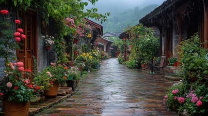 Fototapeta premium Rain Soaked Cobblestone Street With Blooming Flowers