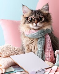 Cat as fashion designer Wearing Stylish Glasses Stylish cat fashion designer with trendy glasses Whimsical feline creating couture designs Fashion-forward cat with chic eyewear