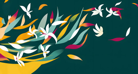Obraz premium Spring breeze with flower petals swirling delicately on a pastel blue background.