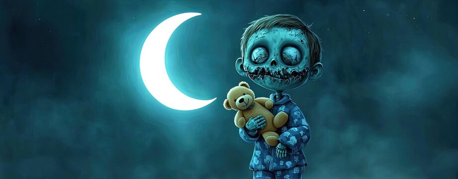 A cartoon zombie in pajamas sleepwalking under a glow Sleepwalking zombie in glowing moonlight Cartoon zombie in pajamas under a soft glow Whimsical undead sleepwalker in cozy attire