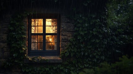 Charming stone country house with ivy-covered walls, raindrops on the window, cozy atmosphere, generative ai