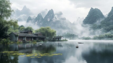 Fototapeta premium Misty Mountain Village Lakeside Serenity