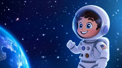 Astronaut Boy Smiling at Planet Earth - A cheerful young astronaut beams, gazing at a vibrant Earth globe.  Space exploration, childhood dreams, future possibilities, joy, wonder.
