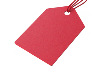 Rectangular blank red tag, close-up of the image, on white background, png, no background, on transparent background, isolated, mockup, sale