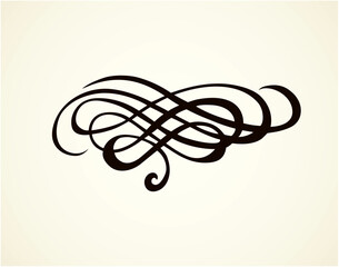 Old cute romantic book ribbon bow swirly tag swoosh element isolated on white paper card backdrop. Freehand black ink pen outline drawn curly corner sketchy in artistic rustic curlicue scrawl style