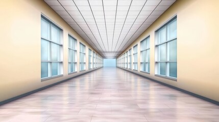 Obraz premium Calm Modern Hospital Corridor Architecture - Tranquil hospital corridor, modern design, bright windows, clean lines, peaceful atmosphere. Symbolizing healing, hope, serenity, cleanliness, and progress