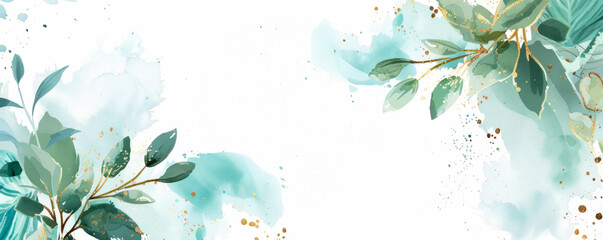 Neutral white background highlighting green, gold, and abstract leaf elements.