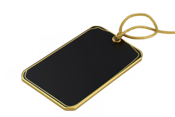 Rectangular blank black tag, thin gold trim around it, closeup, on white background, png, no background, on transparent background, isolated, mockup, sale
