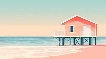 Obraz premium A cozy minimal beach hut on stilts over a clear. Seabreeze. Illustration