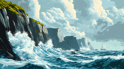A dramatic seascape featuring crashing waves and rugged cliffs. Seabreeze. Illustration