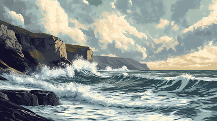 A dramatic seascape featuring crashing waves and rugged cliffs. Seabreeze. Illustration