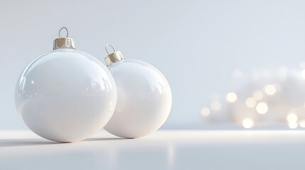 Two white Christmas ornaments on a white surface with blurred lights in the background.