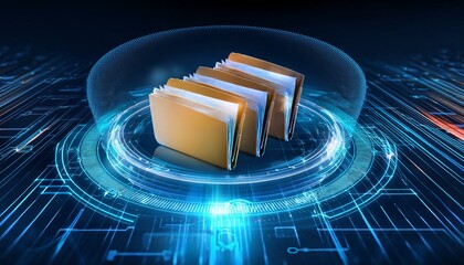 Secure Data Protection: A futuristic concept of digital files safely secured within a glowing digital sphere, symbolizing data protection and security.  
